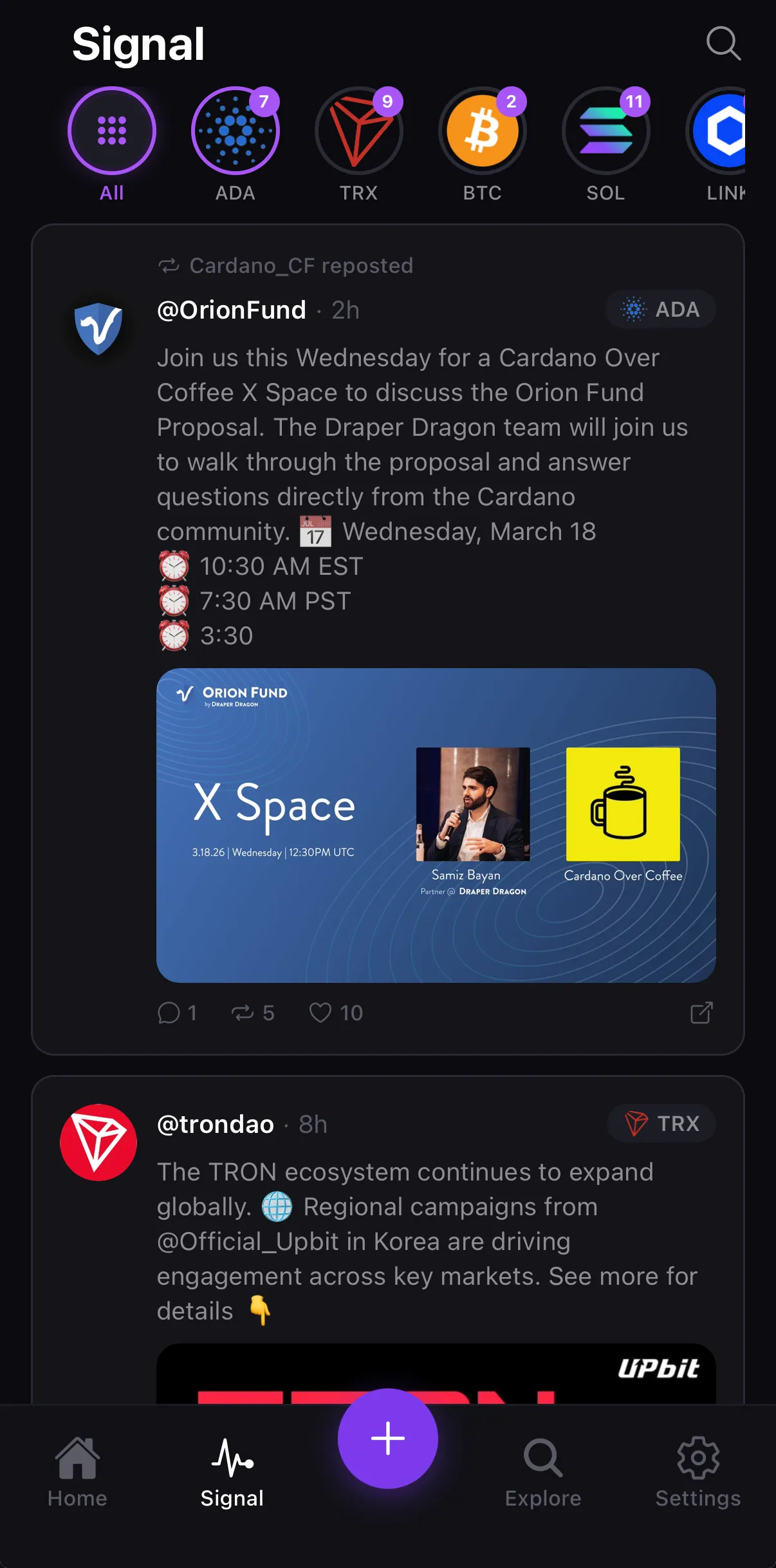 Crypfolio social signal feed with crypto news and tweets